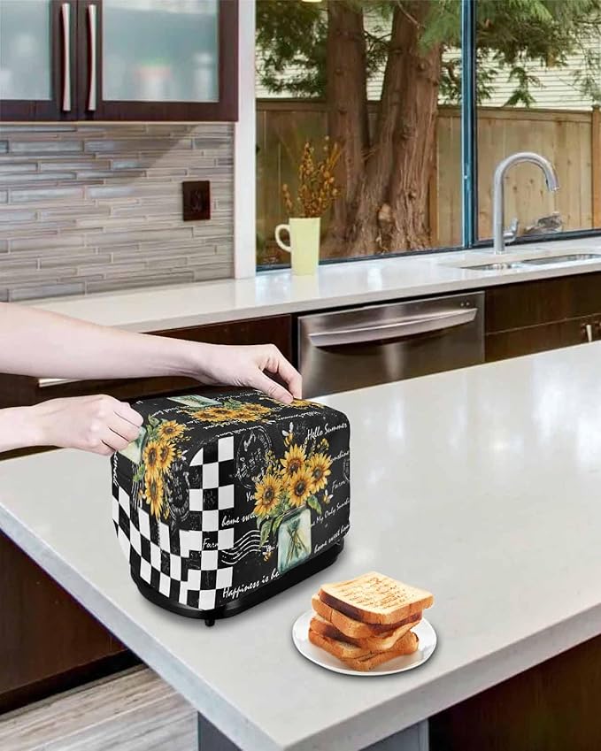 Sunflower Vintage Toaster Cover 2 Slice, Farmhouse Floral Dustproof Bakeware Oven Protector with Top Hook, Black Checkered Waterproof Small Kitchen Appliance Toasters Dust Cover, 11"x6"x8"