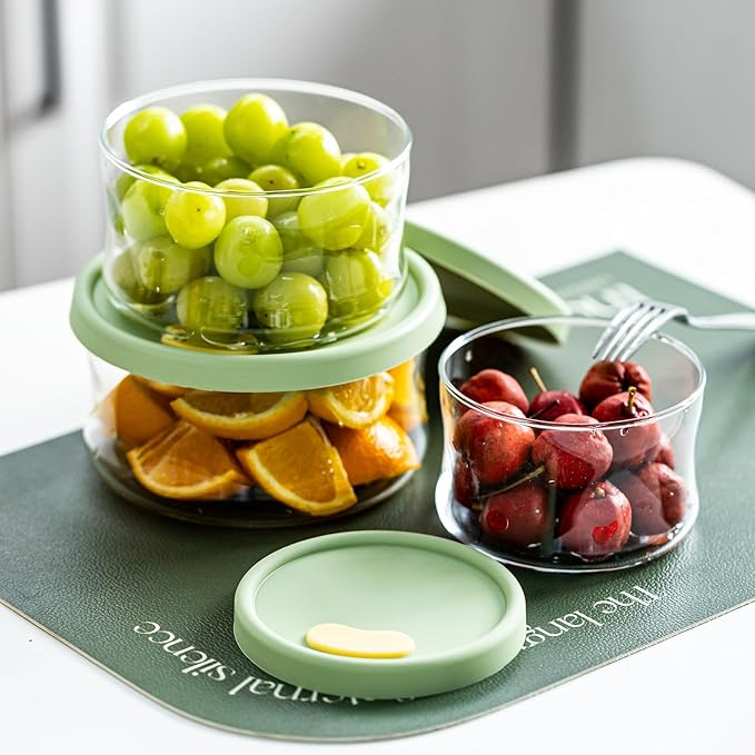 Glass Food Storage Containers Set,with Lids, Leak-Proof Meal Prep Containers,for Storage soups and leftovers - BPA Free,Microwave, Dishwasher, Freezer Safe (Green 3PCS)