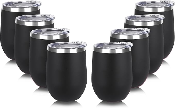 DOMICARE Stainless Steel Wine Tumbler Bulk with Lid, Personalized Insulated Tumblers Set, 12oz Travel Coffee Cups Pack of 8, Black