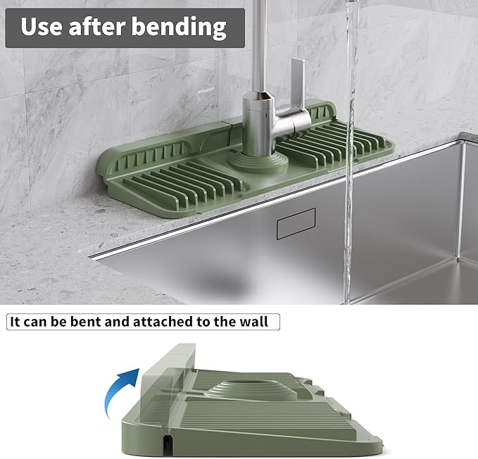 WAFT YEARN 14X5 Inch Silicone Durable Faucet Mat Kitchen Sink Splash Guard Draining Protector Tray Liner Absorbent Protective Counter Accessories For Sink Kitchen Bathroom Laundry Room Bar & RV Green