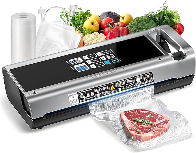 Food Vacuum Sealer Machine, 95KPa Powerful Food Saver with Dry/Moist/External Vacuum Modes, Built-in Cutter & Bag Storage, Single/Double Sealing, 1 Bag & 15 Pre-cut Bags（Silver）