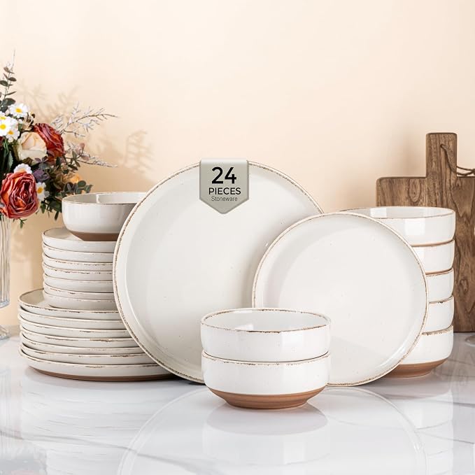 AmorArc 24 Pieces Ceramic Dinnerware Sets for 8, Handpainted Stoneware Plates and Bowls Set with Rustic Terracotta Underside, Scratch Resistant Dishes Set, Dishwasher & Microwave Safe