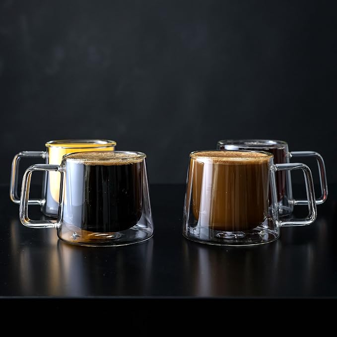 LEMONSODA Double Walled Glass Coffee Drink Mug with Handle - Set of 4 (250 mL / 8.5 fl. oz) Insulated Thermal Mugs Glasses For Tea, Coffee, Latte, Cappucino, Cafe, Milk - Housewarming Gifts