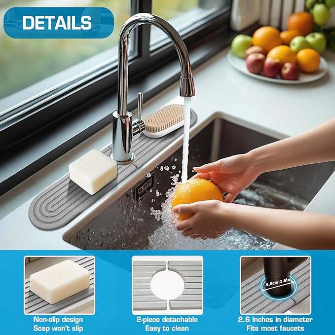 Diatomite Stone Faucet Mat For Kitchen Sink-Absorbent Fast Drying Stone Sink Tray,Faucet Splash Guard Counter,Quick Dry Sink Mat Around Faucet For Kitchen & Bathroom (Light Gray-Oval,15.7" x 4")