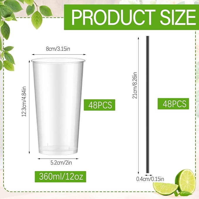 Plastic Highball Glasses with Straws(set of 48), 12 oz Shatterproof Drinking Cups, Tall Whiskey Collins Glass with Straws, Smoothie Tumbler Mojito Cocktail Cups for Wedding Fall Xmas Party