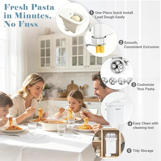 Pasta Press Attachment for Kitchenaid Stand Mixer, Compact Storage Pasta Maker Attachment with 5 Interchangeable Plates, Easy Homemade Spaghetti, Bucatini, Fusilli, Large & Small Macaroni Accessories