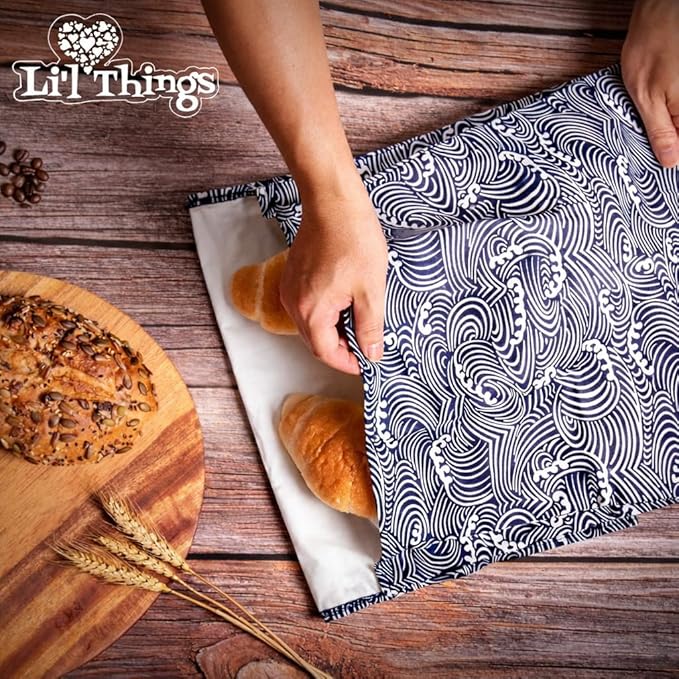 Sourdough Bread Bag – Reusable Beeswax Bread Storage Bags 2.0 (2 Sizes) for Homemade & Artisan Loaves, Cotton-Lined Bread Keeper, Plastic-Free Kitchen Storage - Japanese Araumi Waves)