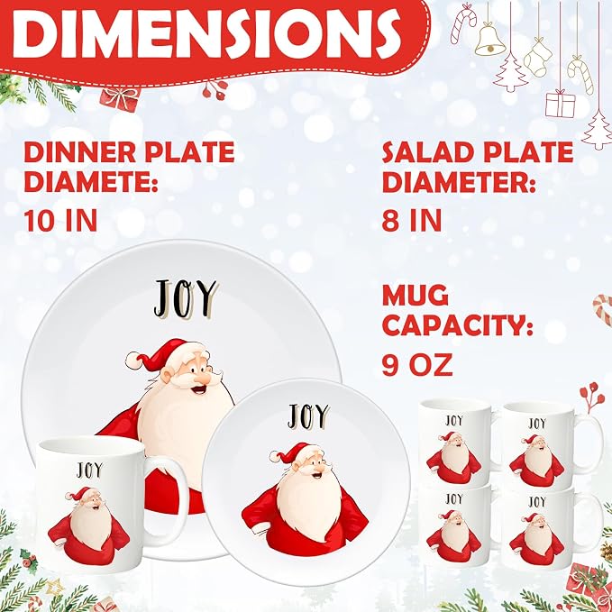 12 Piece Christmas Melamine Dinnerware Set for 4 Guest, 10" Dinner Plates, 8" Salad Plates, 9 oz Mug Shatterproof Xmas Dishes Gift for Home Party Festive Holiday Celebrations