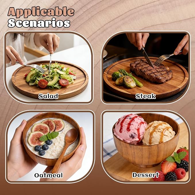12 Pcs Wood Dinnerware Set,8 Inch 10 Inch Round Wooden Plates and wooden bowl,4 Person Set of Wooden Dinner Ware Set for Main Meals,Snacks and Desserts