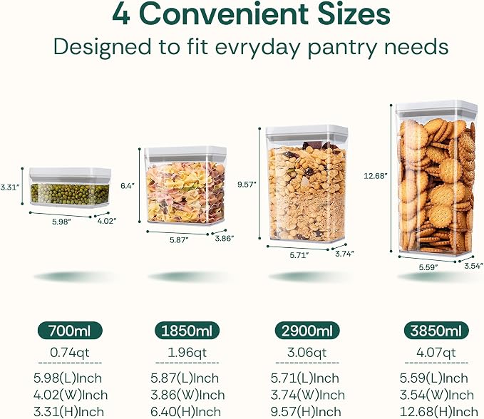 Airtight Food Storage Container Set 5Pcs, Pop Lid & BPA-Free Stackable Kitchen Containers for Pantry Organization, Cereal, Flour, Rice & Snack Storage (0.74qt, 1.96qt*2, 3.06qt, 4.07qt)