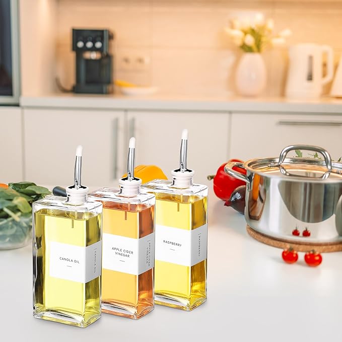 Reallnaive 3 Sets Olive Oil Dispenser Bottles for Kitchen with Nozzles Funnel Labels Cooking Oil Dispenser 500ml Set for Kitchen Vinegar Coffee Syrup (Silver)
