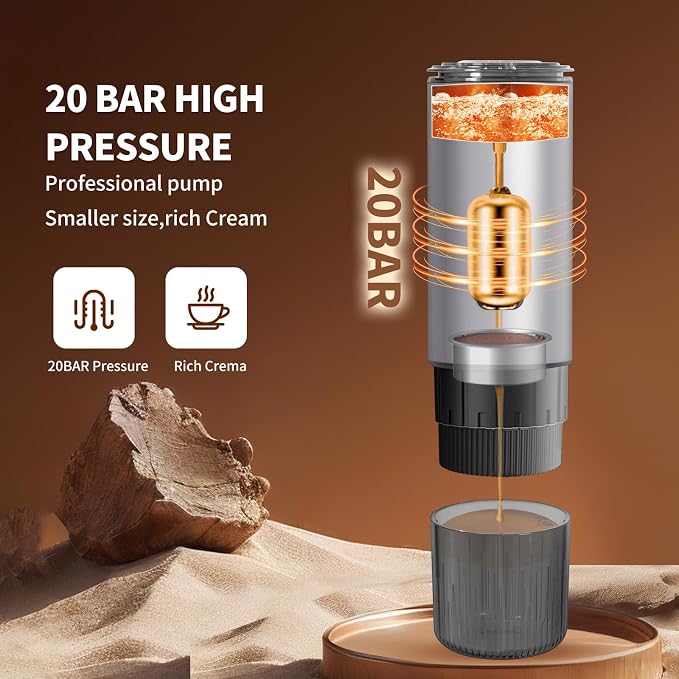 Portable Espresso Machine, 20Bar Self‑Heating & Cold Brew Coffee Maker, Rechargeable 7500mAh, 3‑in‑1 for Nespresso & Ground Coffee, Travel Coffee Machine for Camping Car (Silvery)