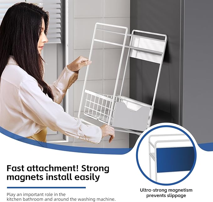 CABTE 2 Tier Magnetic Shelves for Washing Machine with Pull Out Metal Drawer,Magnetic Spice Rack for Fridge,Magnetic Rack with no Installation, Versatile Storage Organizers for Home (White, 2 Tier)