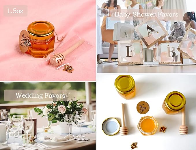 Adabocute Mini Honey Jars - Honey Pot With Honey Dipper, Bee Pendants, Jutes, Tags and Gold Organza Bags - Perfect For Baby Shower Favors, Party Favors and Wedding Favors, 40 Pack 1.5oz