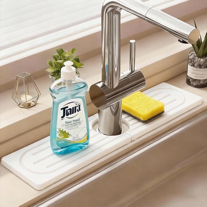 Stone Faucet Mat for Kitchen Sink, Water Absorbing Stone Faucet Splash Guard for Bathroom Counter 15.8" x 4", Kitchen Sink Splash Guard Behind Faucet, Ultra Fast Absorbing Mat Diatomaceous Earth