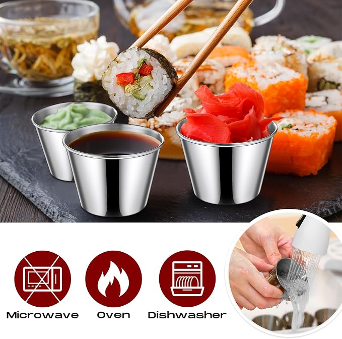 Potchen 24 Pieces 2.5 oz Metal Ramekins Sauce Cups Stainless Steel Condiment Cups Round Dipping Containers for Vinegar Butter Ice for Kitchen Restaurant Catering Camping BBQ Party