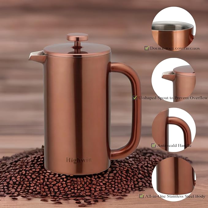 8-Cup Double Wall Insulated Stainless Steel French Coffee Press, 32-Ounce Durable Coffee Tea Maker with Stainless Steel Plunger, Copper