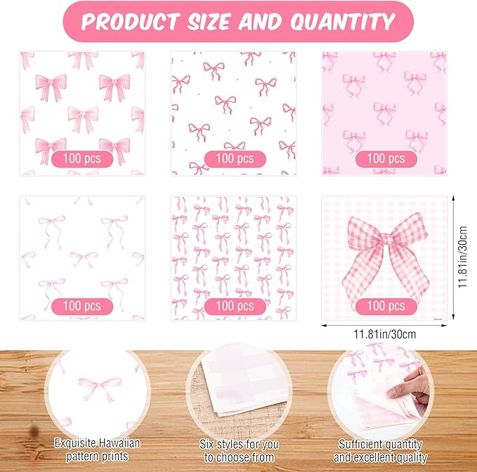Reallnaive 600 Pcs Pink Bow Wax Paper Sheets 12 x 12 Inch Parchment Deli Tissue Paper Sandwich Wrapping Sheets Food Basket Liners for Kitchen Restaurant Baking Supplies, 6 Styles