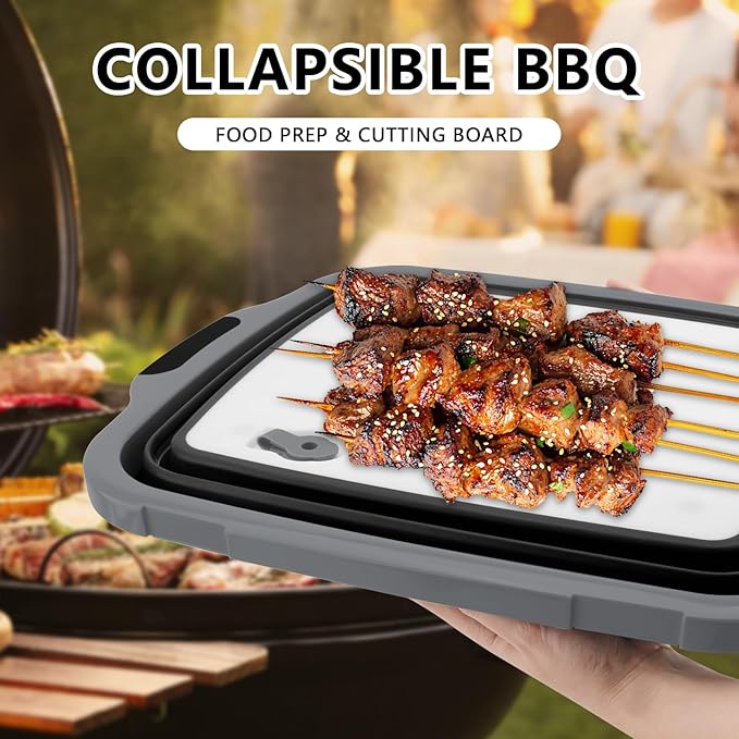 2-Pack XL Collapsible BBQ Prep Tub with Lid (4.22 Gal / 16L) - Built-In Cutting Board & Strainer, Large Meat Marinade Container, Camping Sink & Food Storage Bin for Grilling, Outdoor Cooking - Black