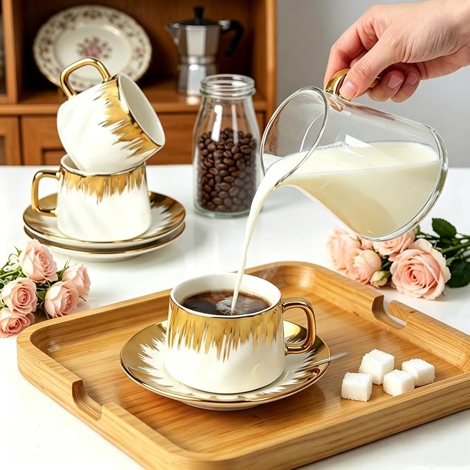 Coffee Cup Set of 6 with Saucers, 3.5 OZ Ceramic Espresso Cups Set, Gold Trim Turkish Coffee Cup Gift for Double Shot, Latte, Cafe Mocha and Tea, Dishwasher & Microwave Safe