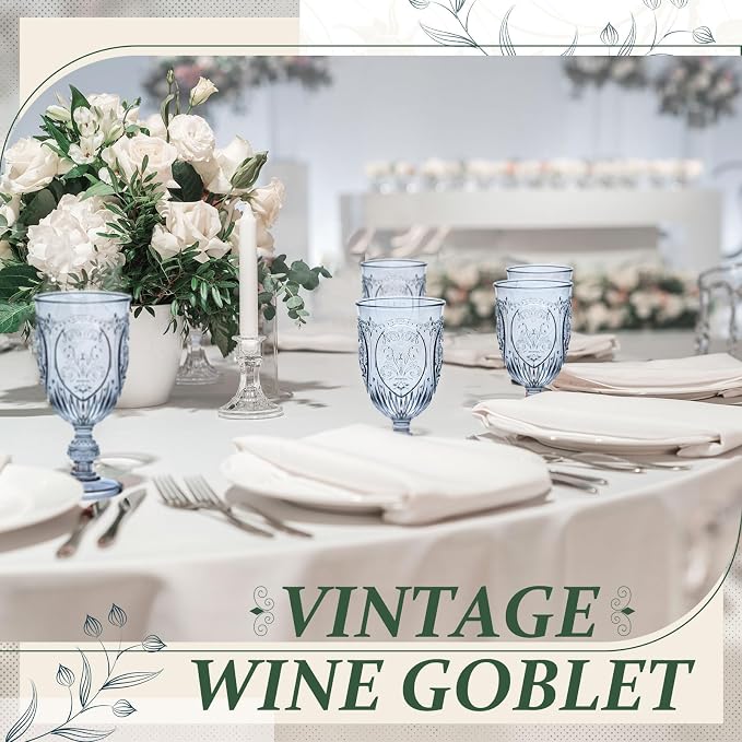 Wiwiqing 100 Pcs Plastic Goblets 7.5oz Vintage Goblet Plastic Wine Glasses Colored Retro Embossed Water Goblets for Wine Bar Juice Baby Shower Wedding Reception Grand Event Party (Blue)