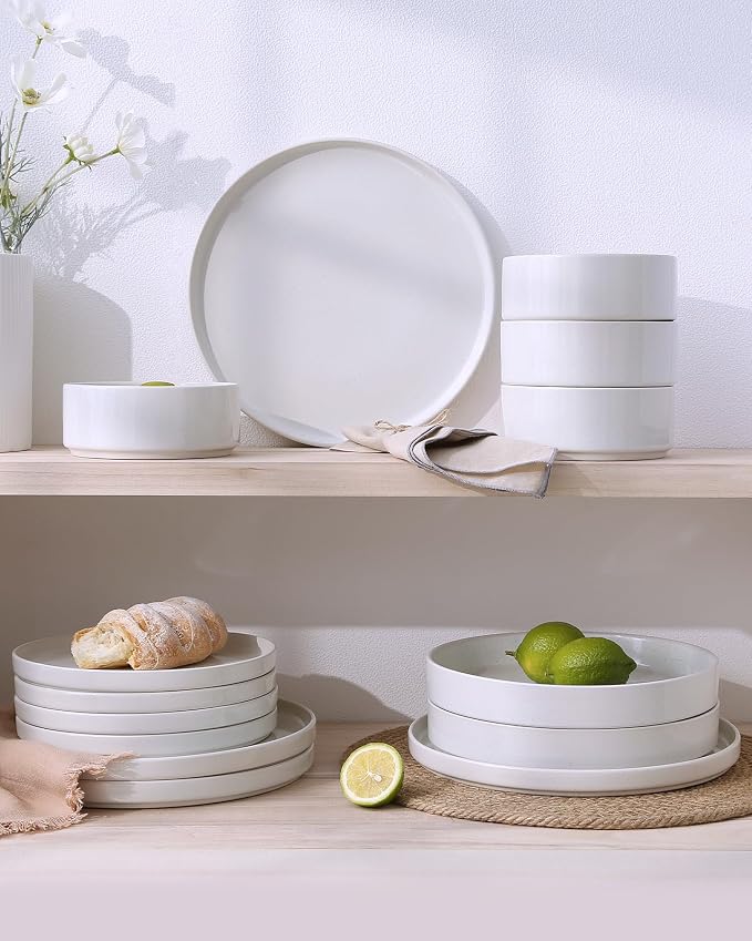 Famiware Nebula Plates and Bowls Set, 24 Pieces Dinnerware Sets, Dishes Set for 8, White