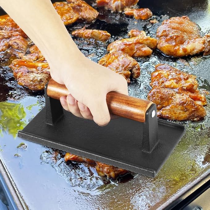14 Inch Rectangular Melting Dome & Grill Press Kit for Blackstone Accessories, Stainless Steel Cheese Basting Cover and Cast Iron Bacon Burger Press for Flat Top Griddle Grill