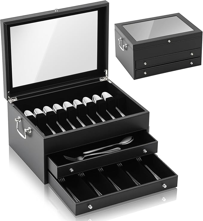 DoubleFill 3 Layer Leather Silverware Storage Box with Lid and Handles, Anti Tarnish Silverware Storage Chest Case with Felt-lined for 12-16 or More Sets of Utensils Flatware Gifts, 15.3x11.2x9 Inch