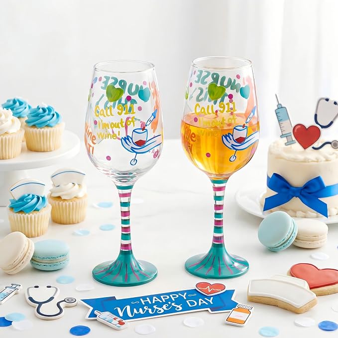 SiliFine 2 Pcs Nurse Stemmed Wine Glasses Hand Painted Drinking Cup Wine Glasses Gifts for Certified Nursing Assistants CNA Week Appreciation Nurses' Day Holiday Party Supplies