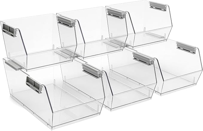 HOMESTEAD Set of 6 Stackable Storage Bins, 3 Large + 3 Small Clear Plastic Organizer Bins, Open Front Design for Kitchen Pantry, Fridge, Cabinet, Bathroom Organization and Snack Storage