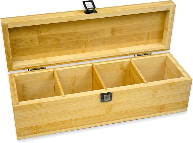 Bamboo Tea Organizer Box Chemical Free Eco-Friendly Big, Tall, Adjustable Cubbies Natural Wooden Storage Chest (4-Slot Rectangle 14.3"x 4.4" x 4.2" with TEA print design)