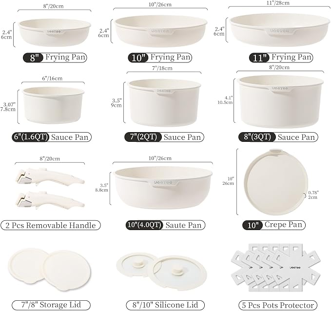 JEETEE Pots and Pan Set Non Stick 19 Pcs, Cookware Set Detachable Handle, RV Kitchen Cooking Set Removable Handles, Stackable Non-stick Set, Oven Safe, Beige