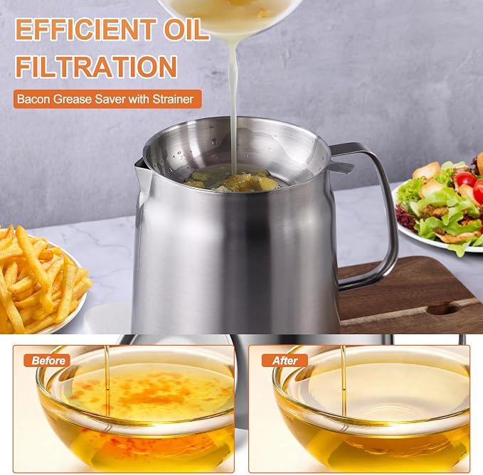 68oz Stainless Steel Oil Filter Pot, Multifunctional 2 in 1 Oil Strainer Pot for Camping, Large Capacity Bacon Grease Saver with Strainer, Kitchen Cooking Oil Container, Mini Deep Fryer with Basket