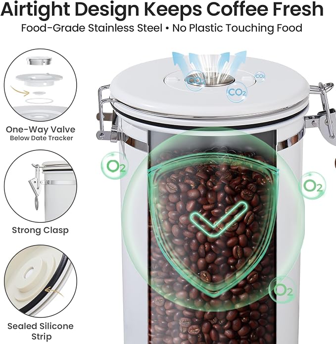 Veken Coffee Canister, 39OZ Large, Airtight Stainless Steel Food Storage Container for 2.2lbs Coffee Beans, Ground, Sugar, Tea, Flour, Cereal, Kitchen Bar Accessories with Date Tracker & Scoop, White