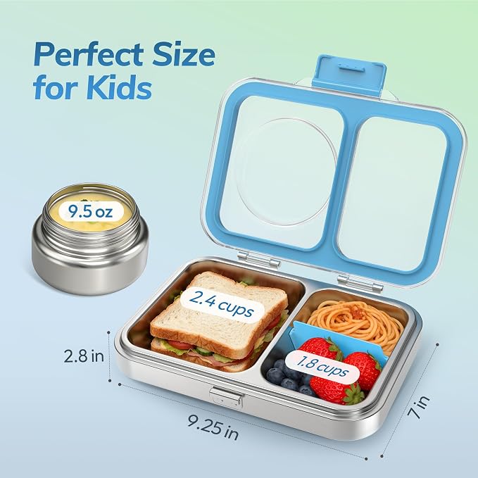 HOMEKOL Stainless Steel Bento Lunch Box + 9.5oz Insulated Food Jar, Blue | 2-Compartment Leak-Proof Container for Kids & Adults, BPA/BPS-Free, 18/8 Metal, Dishwasher Safe, Clear Tritan Lid