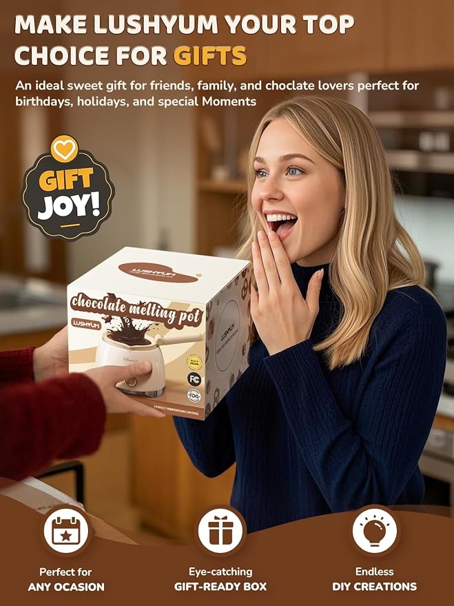LUSHYUM Electric Chocolate Melting Pot with 2 Insert Pots, 4-Cup Chocolate | Even Heating, Fast Melting, BPA-Free Silicone, Easy Clean, Less Waste, Ideal for Chocolate, Candy Melts, Parties, Fondue