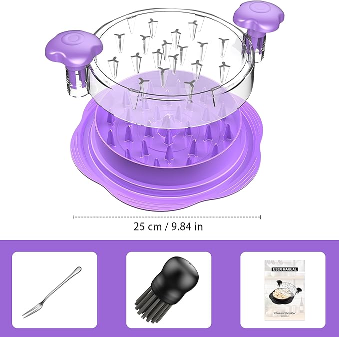 SURETIVIAN Chicken Shredder Large Chicken Breast Shredder Tool Twist with Brush&Fork, Visible Meat Shredder Machine, Anti-Slip Strip, Ergonomic Handle, BPA Free, Suitable for Pork Beef Chicken(Purple)