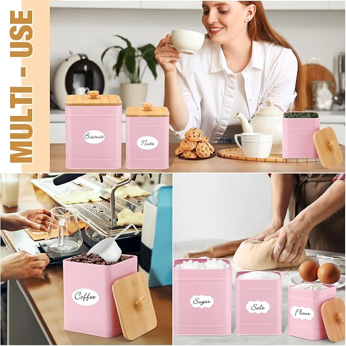 Tioncy Kitchen Canisters for Countertop Set of 3 Metal Canisters Sets with Bamboo Lids Spoon Airtight High Capacity Coffee Tea Sugar Flour Jars with DIY Labels Farmhouse Food Storage (Pink,XL,L,M)