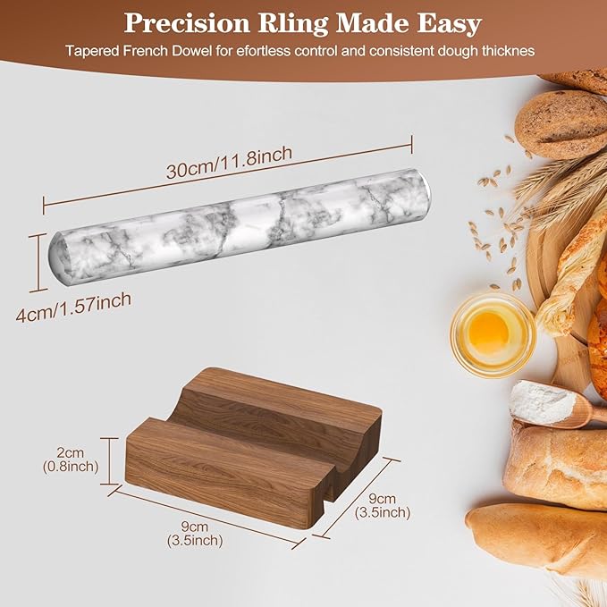 Marble Rolling Pin with Wooden Stand, FiiMan 12 Inch Heavy Rolling Pin for Dough, Stone French Polished Non-Stick Roller Pins For Baking Cookie Pizza Pastry (White)