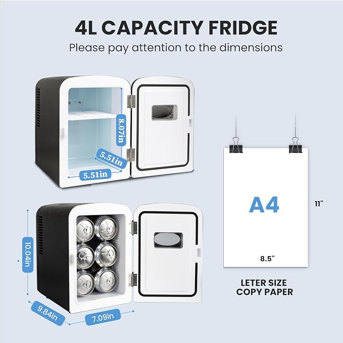 Simple Deluxe 4L/6 Can Mini Fridge with Observation Window, Portable Cooler & Warmer Freon-Free Small Refrigerator, Compact for Skincare, Beverage, Food, Cosmetics, Black