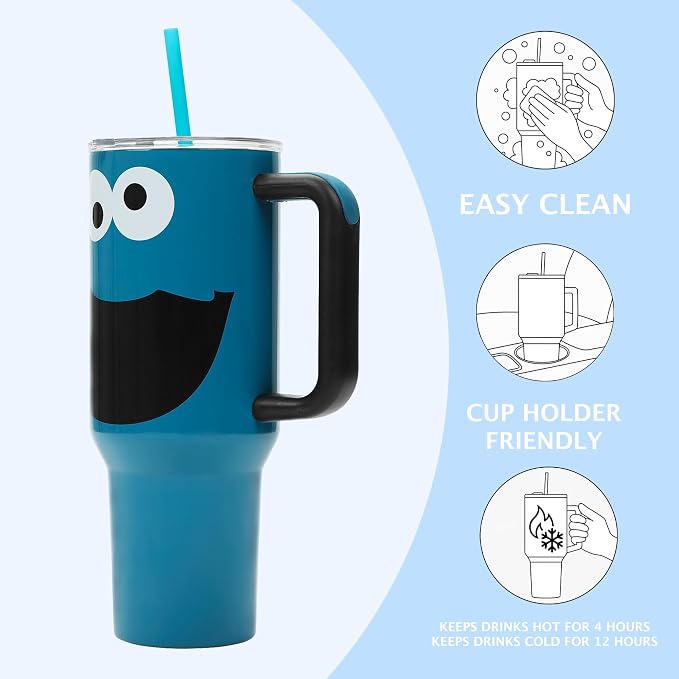 Bioworld Sesame Street Cookie Monster 40 Oz Blue Stainless Steel Tumbler with Handle