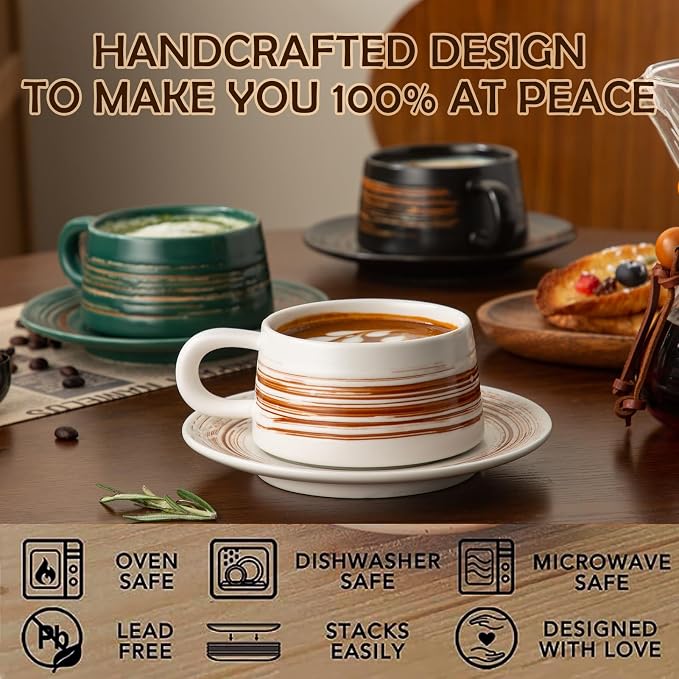 YUN TAO 8 oz Ceramic Cappuccino Cups and Saucers Set of 4, Latte & Cappuccino Mugs Coffee Set for Latte Art, Home Kitchen & Daily Use