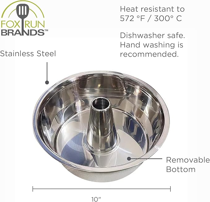 Fox Run Angel Food Cake Pan, Stainless Steel, Removable Bottom, 10" x 5" | Bake Bundt Cakes & Angel Food Cakes | Durable Stainless Steel Tube Cake Pan | Consistent Results | Essential Baking Pan