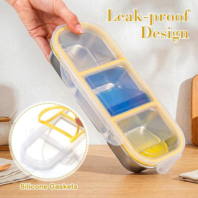 8 Pack Stainless Steel Snack Containers with Leak Proof Lids, 2/3 Compartments Metal Bento Lunch Box, Reusable Divided Food Storage Container for Adults Home Travel Work (Yellow)
