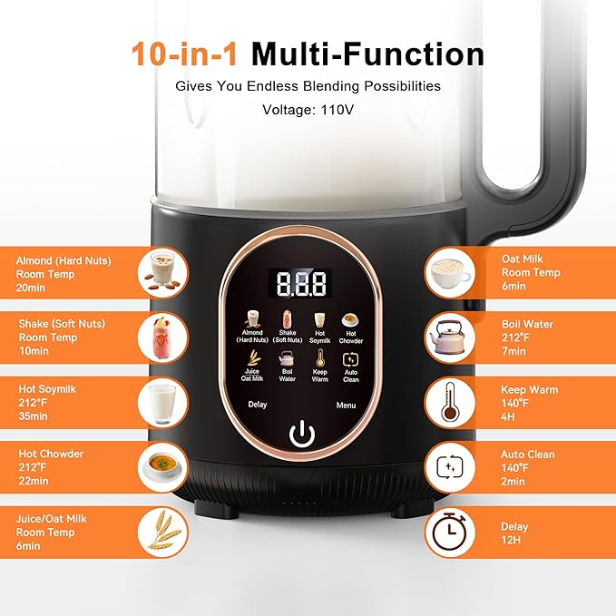 50oz Nut Milk Maker Machine, 10 in 1 Automatic Plant Based Milk Maker for Homemade Oat, Coconut, Chowder, Juice, Soy Milk with 20 Blades,Delay Start, Boil Water, Keep Warm & Auto Clean