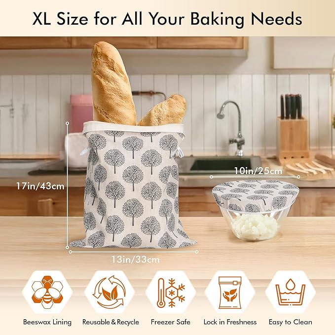 Sourdough Bread Bags & Proofing Bowl Covers, 2 Pack Reusable Beeswax Bread Bag with Cotton Sourdough Bowl Cover, Bread Bags for Homemade Bread to Keep Fresh Longer