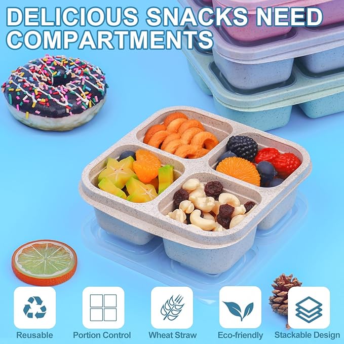 LCHLZZ 4 Pack Snack Containers, 4 Compartments Snackle Box Container, Meal Prep Reusable Lunchable Container for Adults, Microwave Dishwasher Safe, Food Storage Containers for Work Travel
