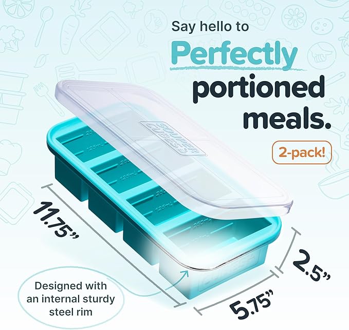 Souper Cubes 1 Cup Silicone Freezer Molds with Lids - Soup Cubes with Steel Reinforced Rim - Perfect for Freezing Broth, Rice, Individual Portions, Meal Prepping and More - Aqua - 2-Pack