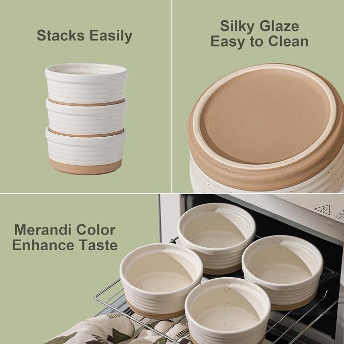 Frewinky Ceramic Ramekins 8 oz Set of 6 for Creme Brulee and Custard Cups | 8 oz ceramic ramekins for creme brulee, custard, pudding and individual desserts, with an oven-safe, stackable design.