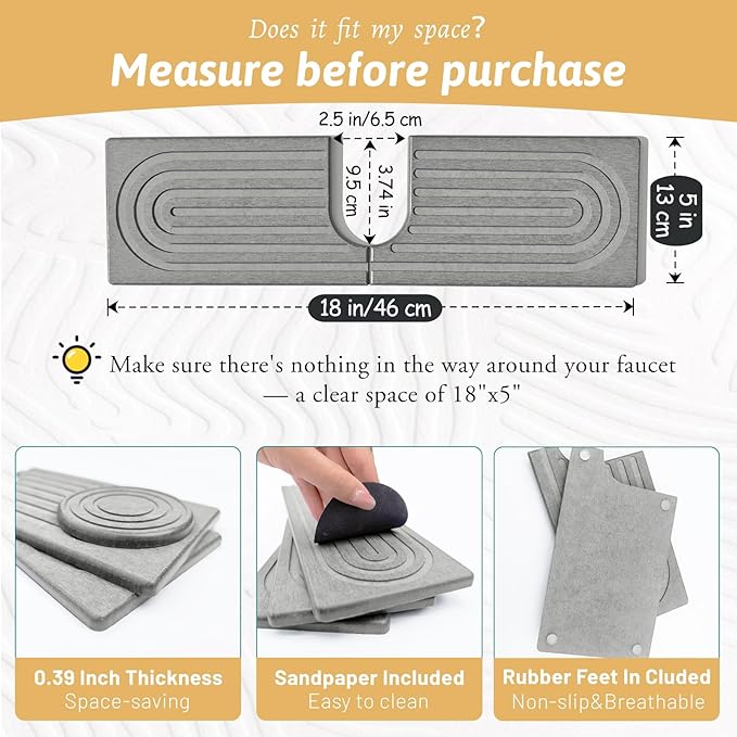 Stone Faucet Mat For Kitchen Sink, 18" Diatomite Fast Drying Stone Kitchen Sink Mat, Super Absorbent, Sink Stone Quick Dry Around Faucet, Stone Sink Splash Guard For Bathroom, Zen Gift, Light Grey